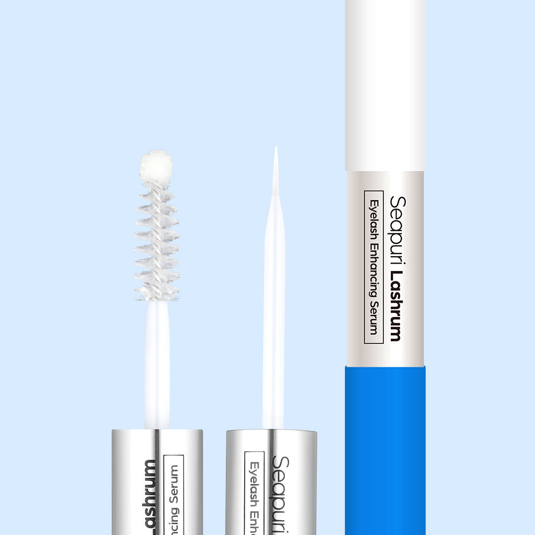 Seapuri Lashrum Eyelash Enhancing Serum close-up of the spiral brush, precision tip and blue and white tube