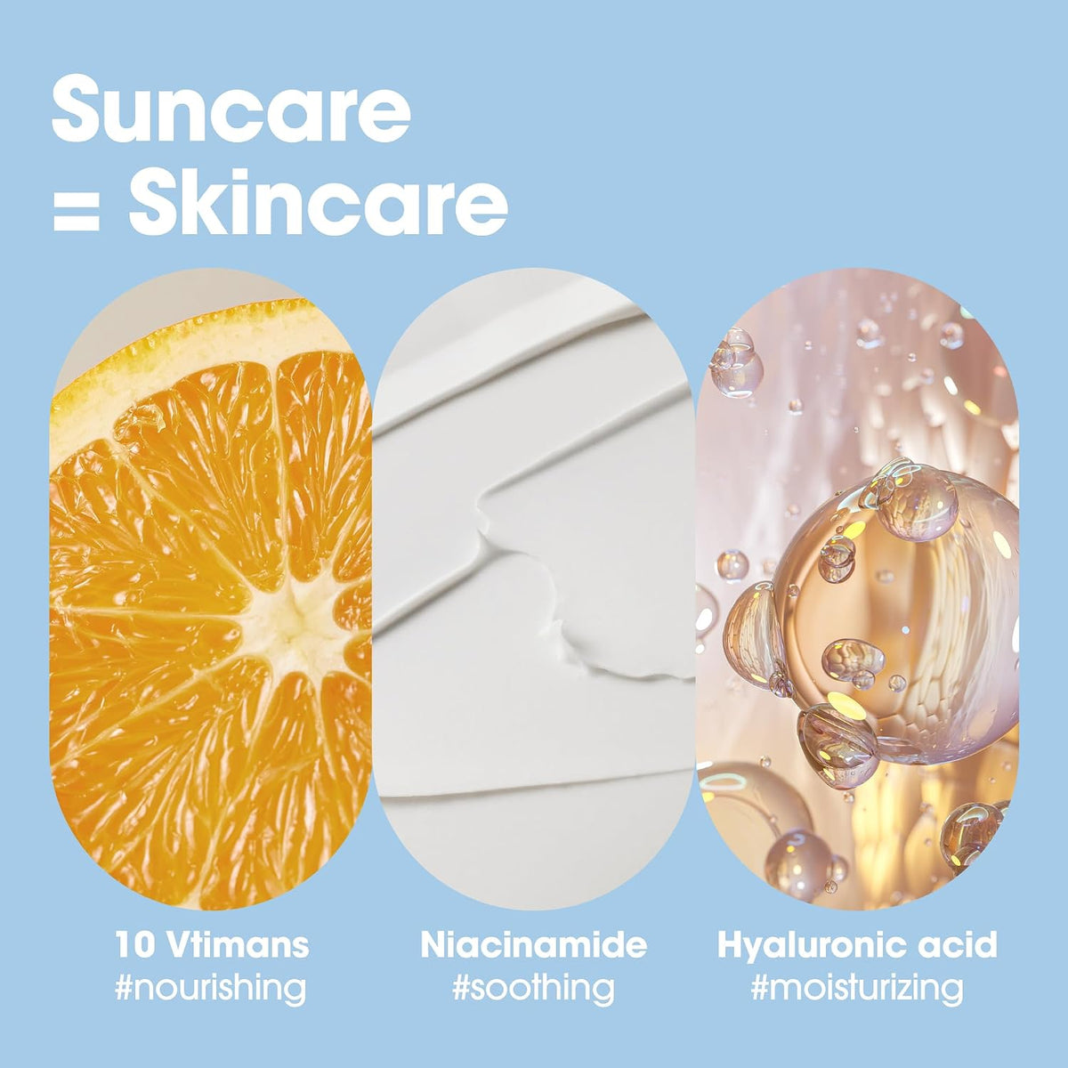 Some By Mi V10 Hyal Air Fit Sunscreen key ingredients card: vitamins, niacinamide and hyaluronic acid