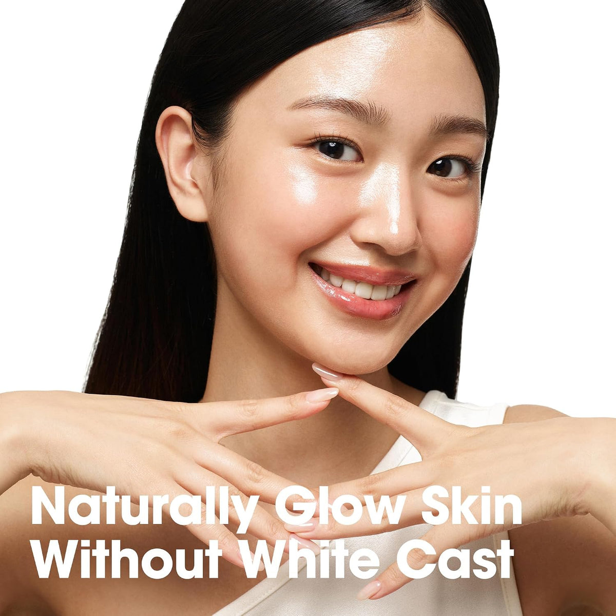 Some By Mi V10 Hyal Air Fit Sunscreen model with a natural glowing finish and no white cast
