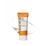 Some By Mi V10 Hyal Air Fit Sunscreen SPF 50 orange 50 ml tube with a white cream swatch on white