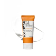 Some By Mi V10 Hyal Air Fit Sunscreen SPF 50 orange 50 ml tube with a white cream swatch on white