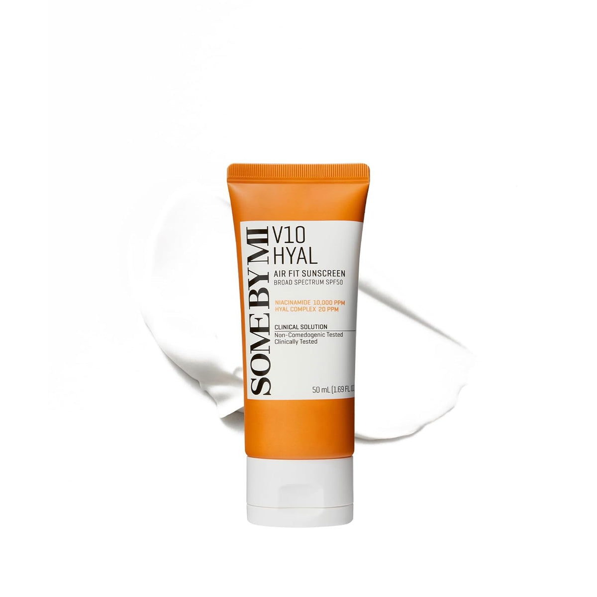 Some By Mi V10 Hyal Air Fit Sunscreen SPF 50 orange 50 ml tube with a white cream swatch on white
