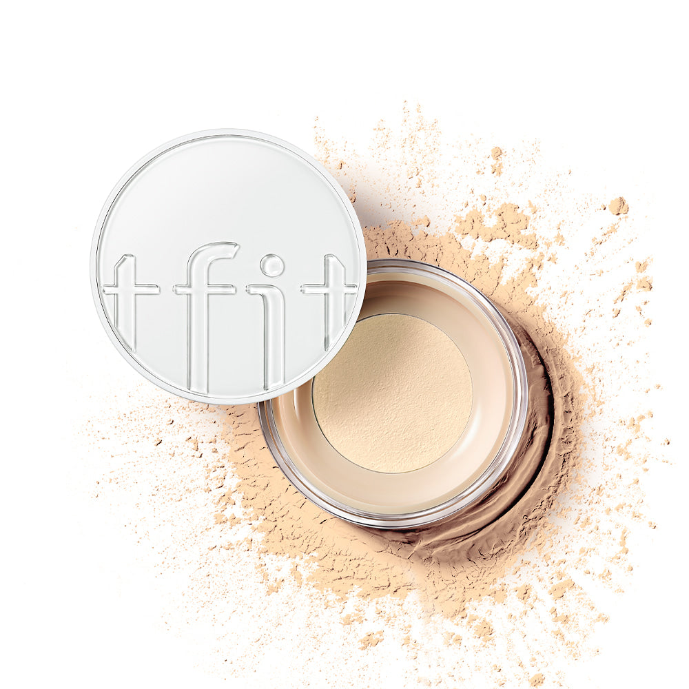 TFIT Translucent Set Finishing Powder 2.1 Medium Beige, open jar with tfit lid and scattered beige powder