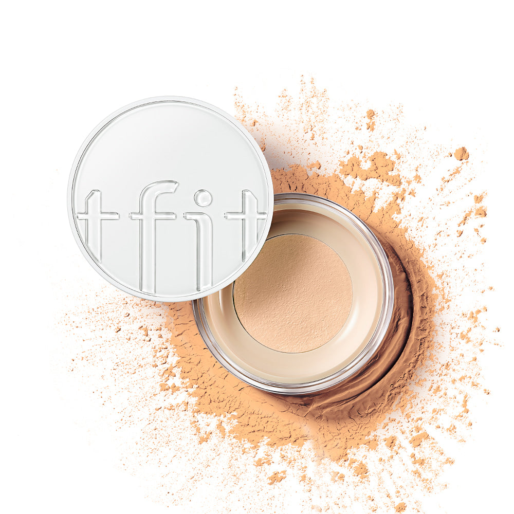 TFIT Translucent Set Finishing Powder 2.2 Dark Beige, open jar with tfit lid and scattered warm beige powder