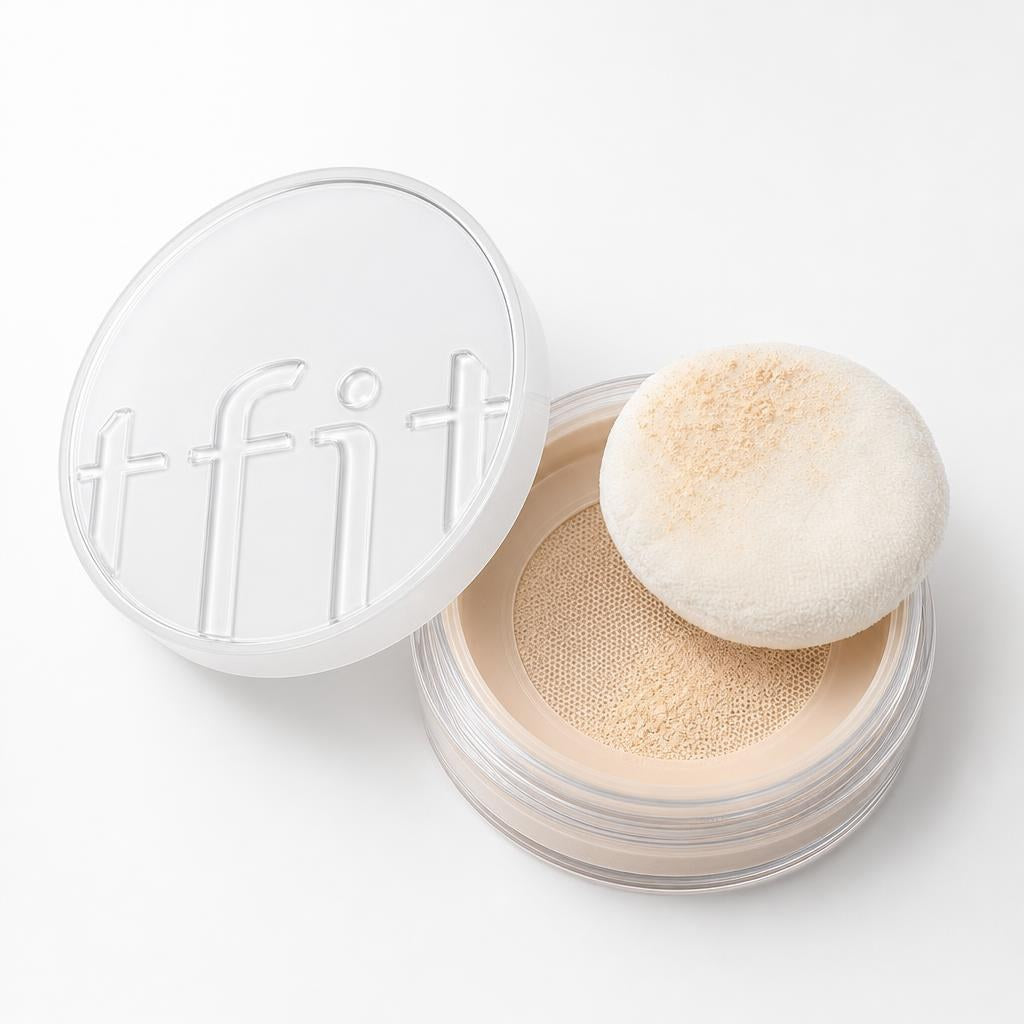 TFIT Translucent Set Finishing Powder 7g open jar with puff, beige loose powder and clear tfit lid
