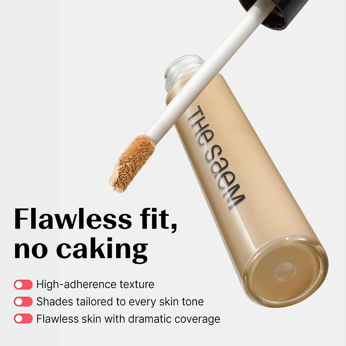 The Saem Cover Perfection Tip Concealer open tube with sponge-tip applicator and high-adherence texture notes
