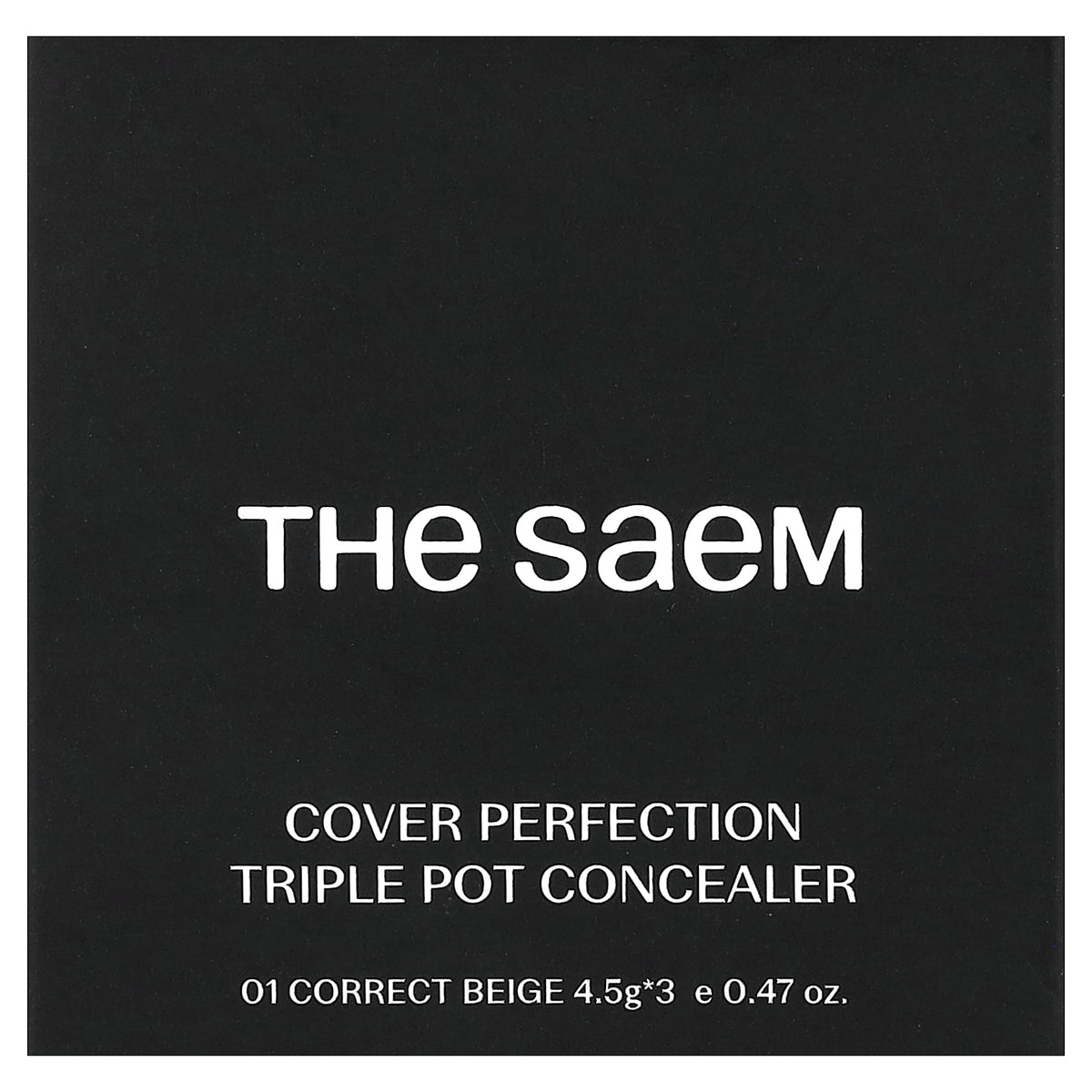 The Saem Cover Perfection Triple Pot Concealer 01 Correct Beige black box front, 4.5g x 3