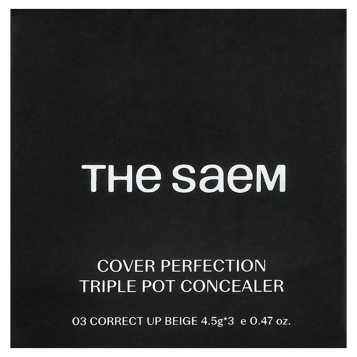 The Saem Cover Perfection Triple Pot Concealer 03 Correct Up Beige black box front, 4.5g x 3