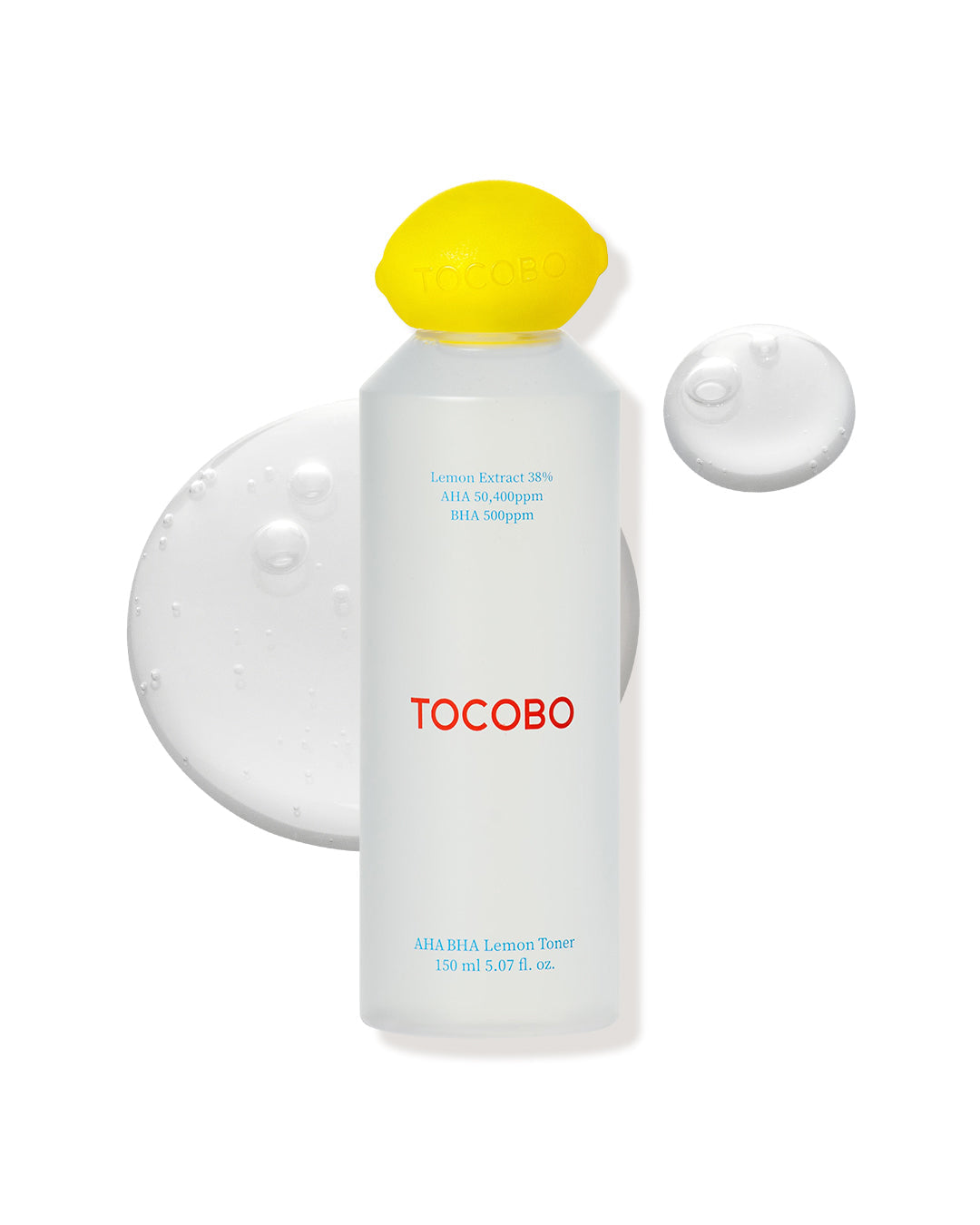 Tocobo AHA BHA Lemon Toner 150ml, frosted bottle with a yellow lemon-shaped cap and clear toner drops