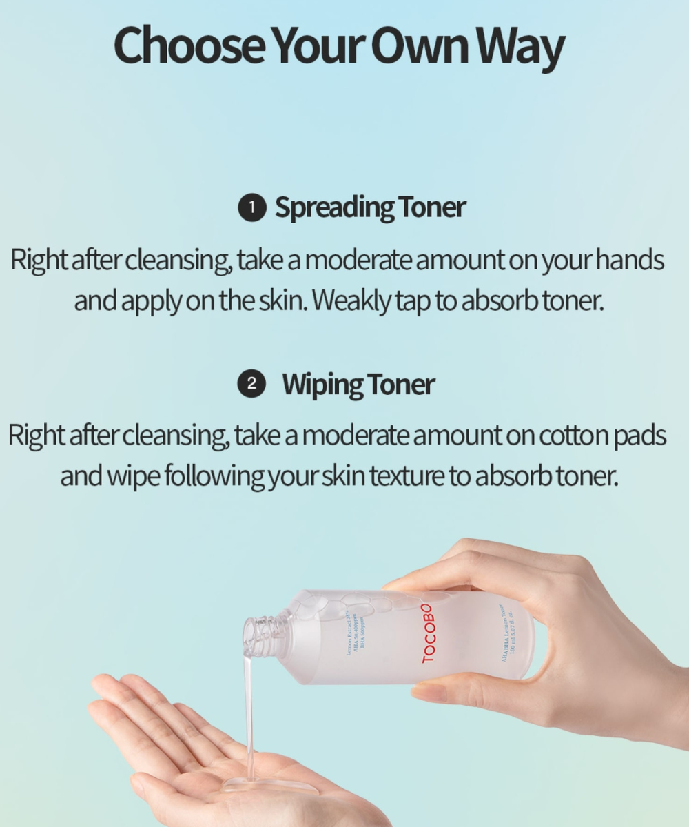 Tocobo AHA BHA Lemon Toner how-to card: pat in with hands or wipe on with a cotton pad