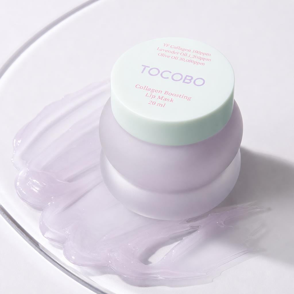 Tocobo Collagen Boosting Lip Mask 20ml lavender jar with mint lid on a swirl of lavender balm