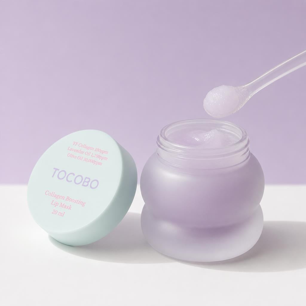Tocobo Collagen Boosting Lip Mask 20ml open lavender jar, a spatula of balm and the mint lid beside it