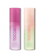 Tocobo Heat Proof Hair Mist 100ml in Lowkey Famous (pink) and My Default (peach-green) spray bottles