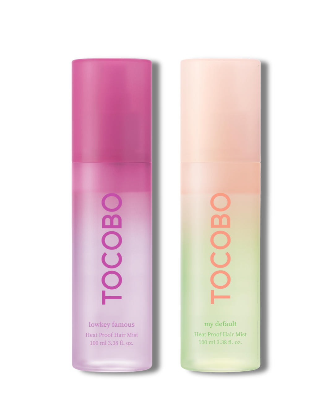 Tocobo Heat Proof Hair Mist 100ml in Lowkey Famous (pink) and My Default (peach-green) spray bottles