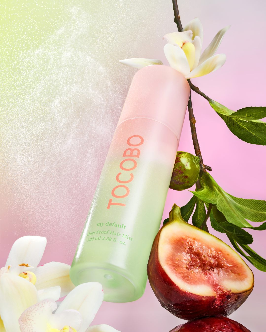 Tocobo Heat Proof Hair Mist My Default peach-green bottle with fig and jasmine flowers