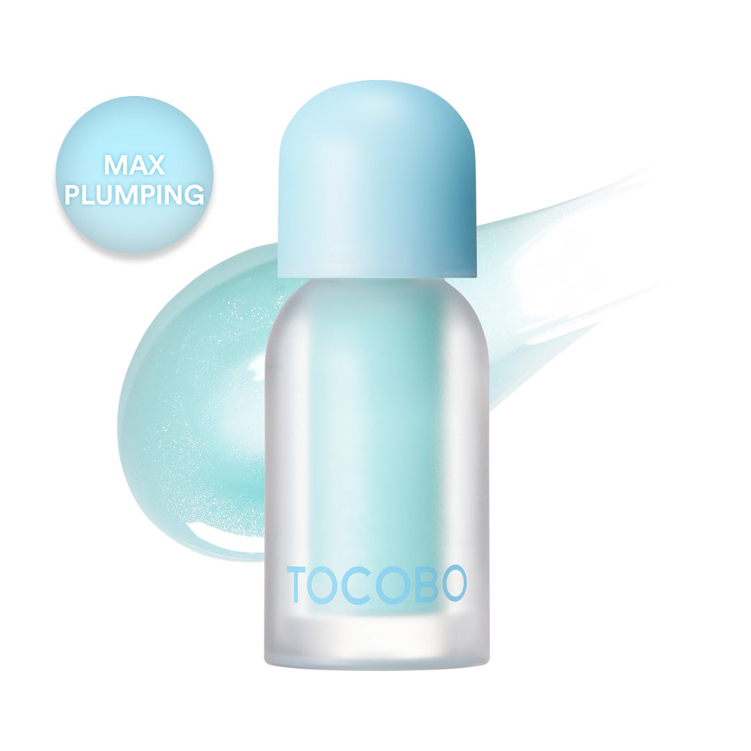 Tocobo Juicy Berry Plumping Lip Oil in 00 Frozen Berry, icy blue bottle with a Max Plumping badge