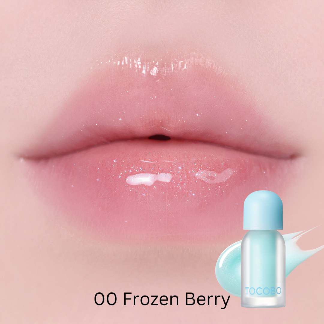 Tocobo Juicy Berry Plumping Lip Oil 00 Frozen Berry on lips with a clear, glassy shine
