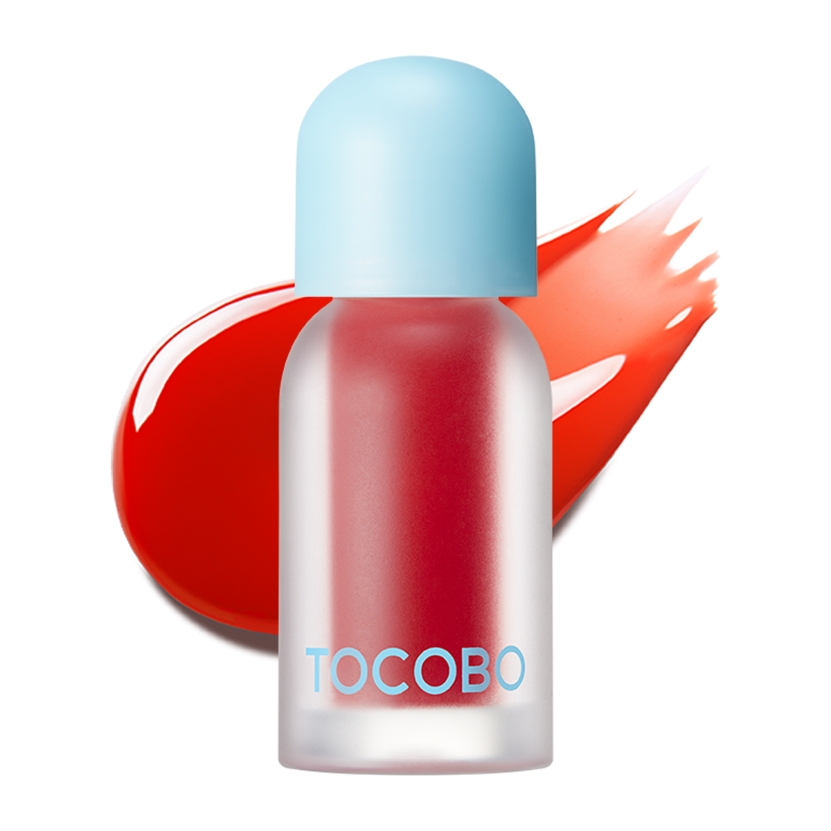 Tocobo Juicy Berry Plumping Lip Oil in 01 Chili Red, bottle with a bright red gloss swatch