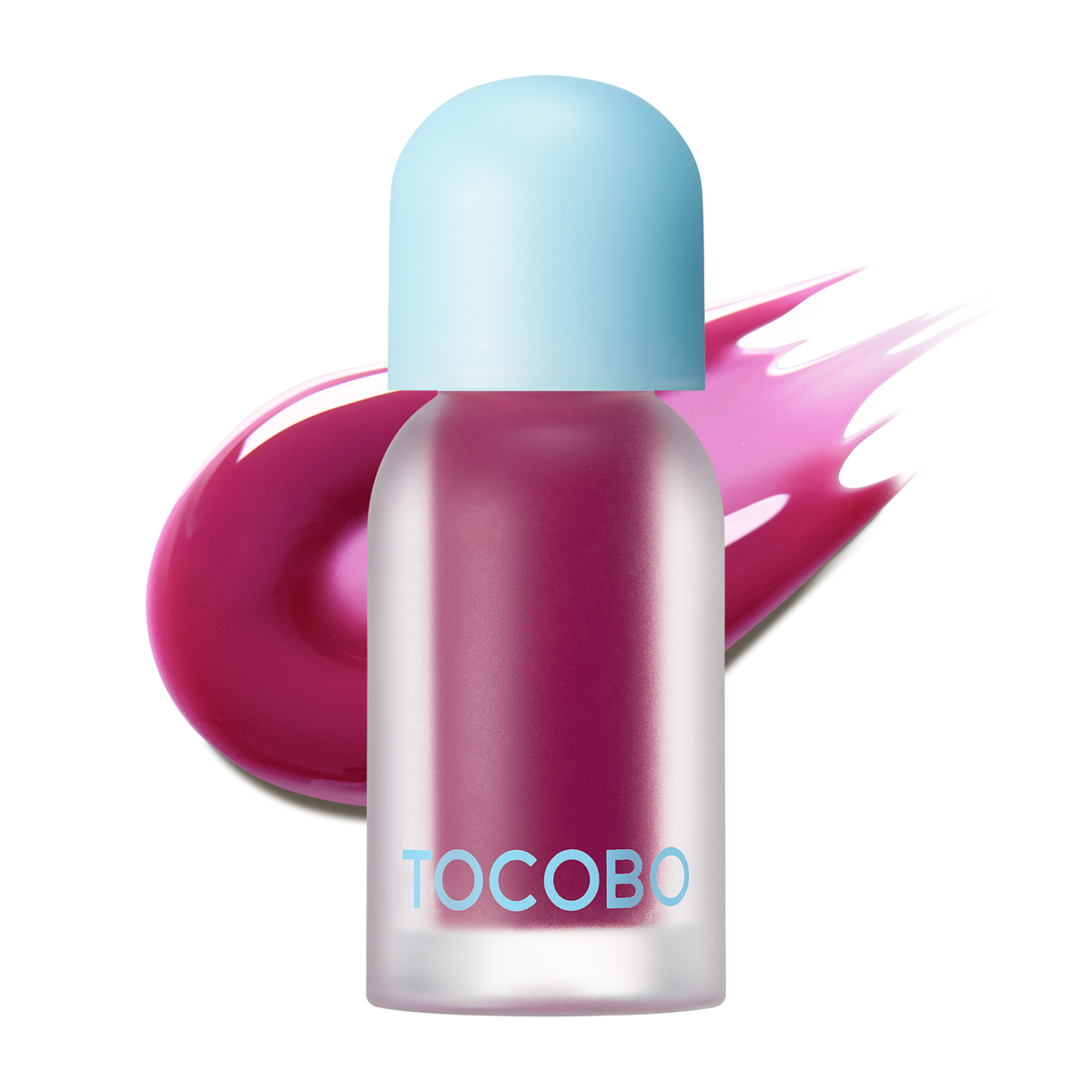 Tocobo Juicy Berry Plumping Lip Oil in 02 Berry Brandy, bottle with a berry gloss swatch