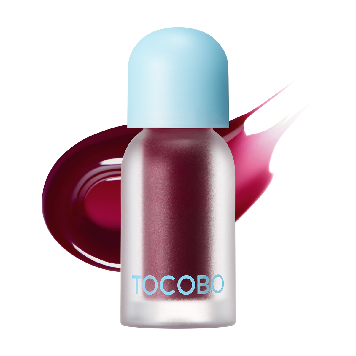 Tocobo Juicy Berry Plumping Lip Oil in 07 Plum Jam, bottle with a plum gloss swatch
