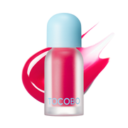 Tocobo Juicy Berry Plumping Lip Oil in 12 Cherry Ade, frosted bottle with blue cap and a pink gloss swatch