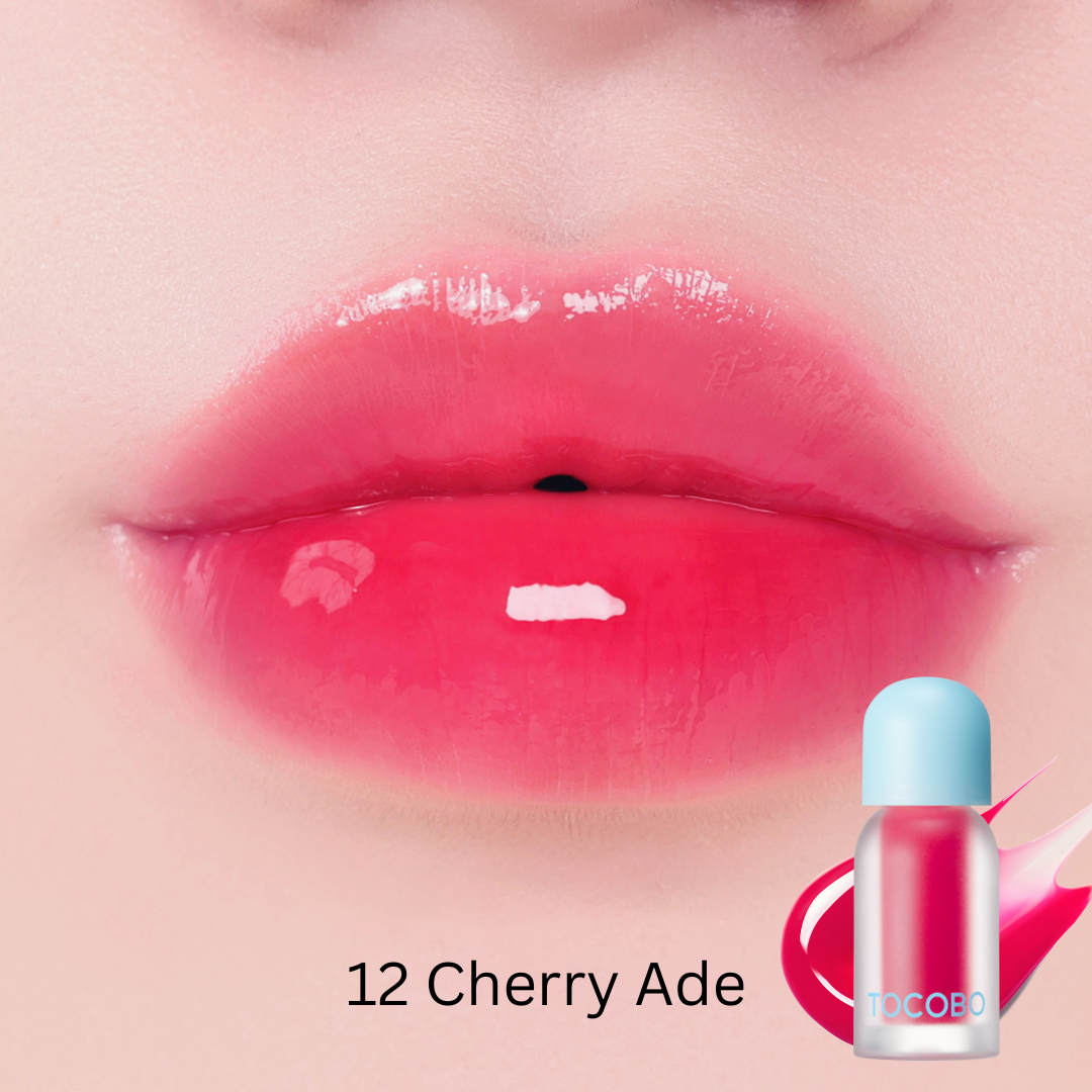 Tocobo Juicy Berry Plumping Lip Oil 12 Cherry Ade swatched on lips with a glossy pink finish
