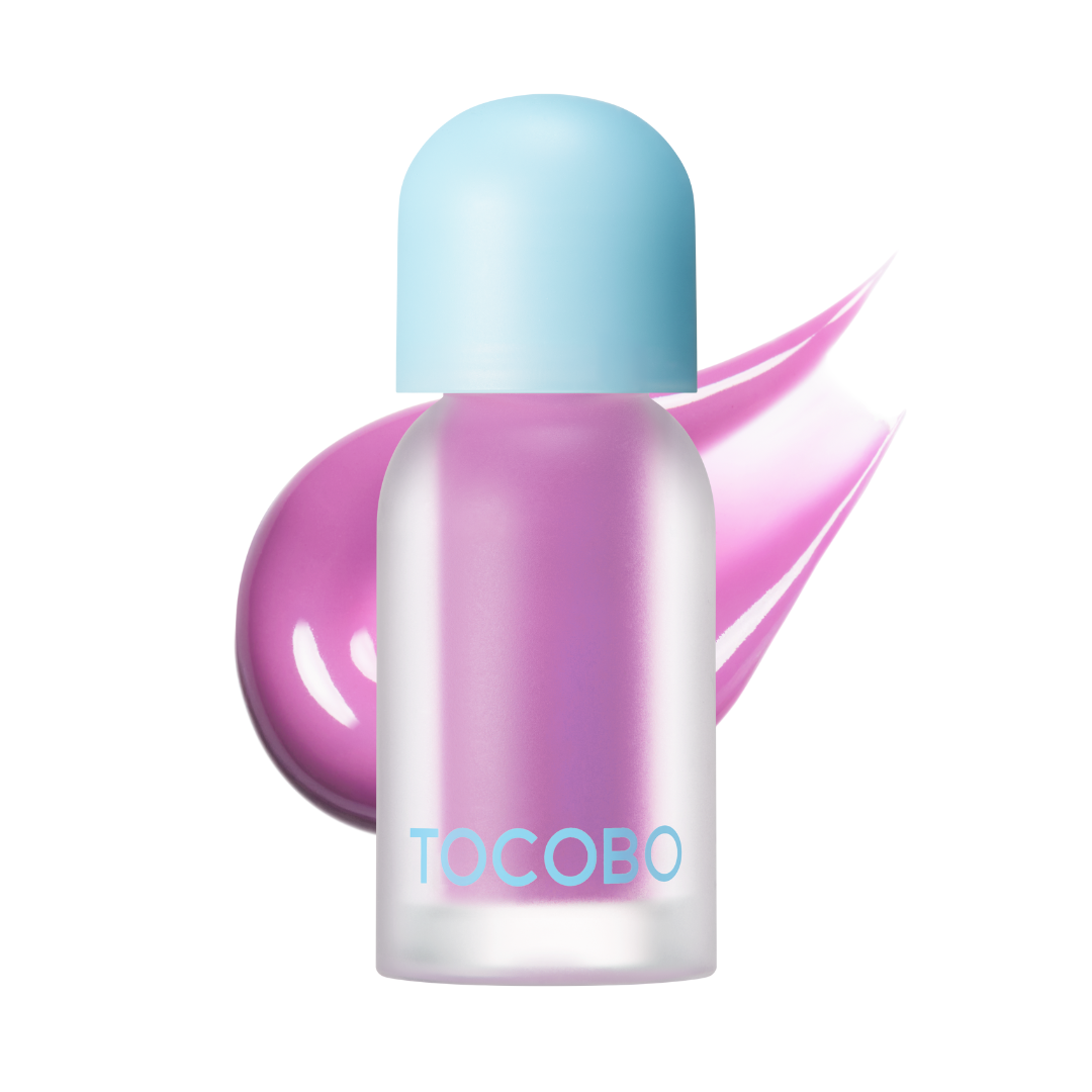 Tocobo Juicy Berry Plumping Lip Oil in 17 Berry Milk, bottle with a lilac pink gloss swatch