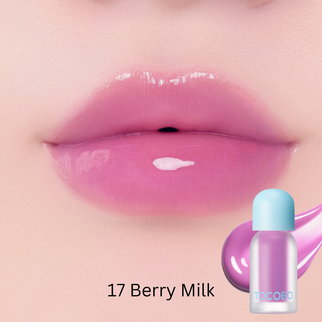 Tocobo Juicy Berry Plumping Lip Oil 17 Berry Milk swatched on lips with a glossy lilac pink finish