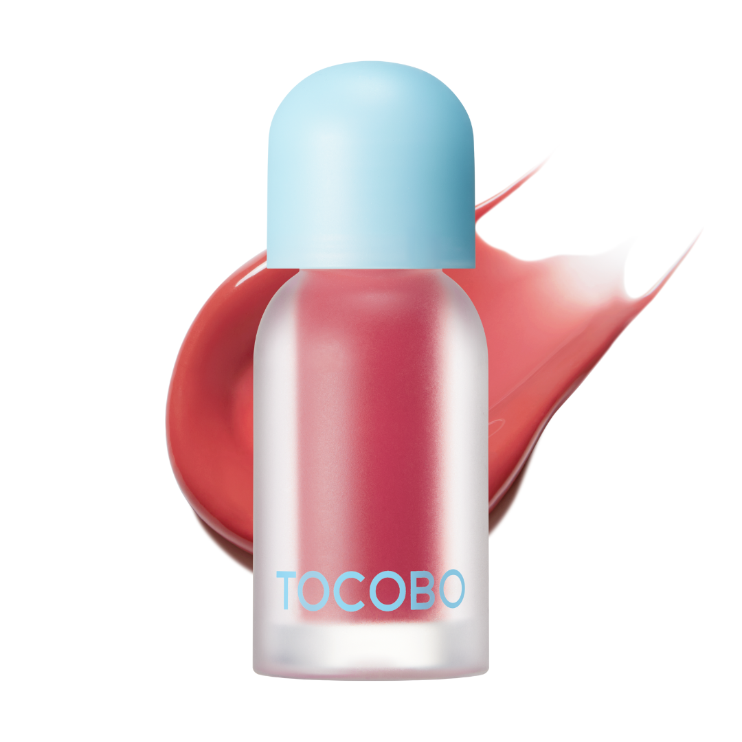 Tocobo Juicy Berry Plumping Lip Oil in 18 Cozy Pink, bottle with a rosy pink gloss swatch