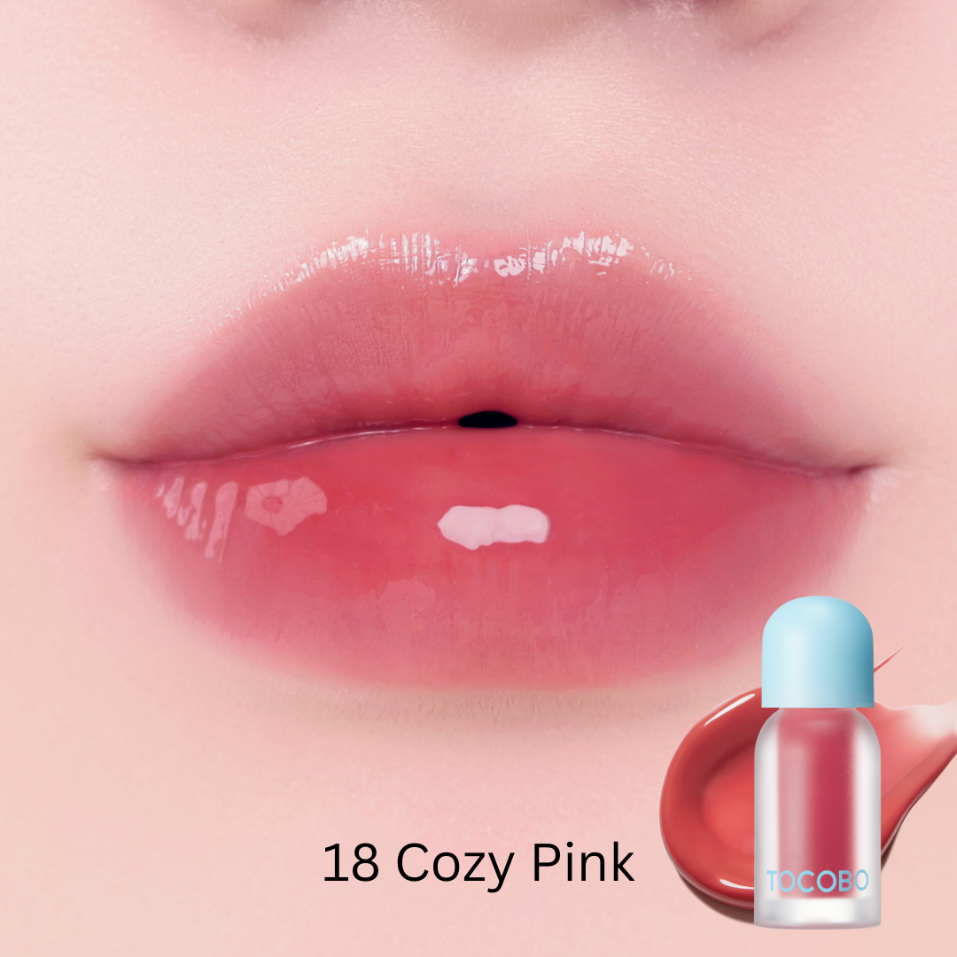 Tocobo Juicy Berry Plumping Lip Oil 18 Cozy Pink swatched on lips with a glossy rosy finish