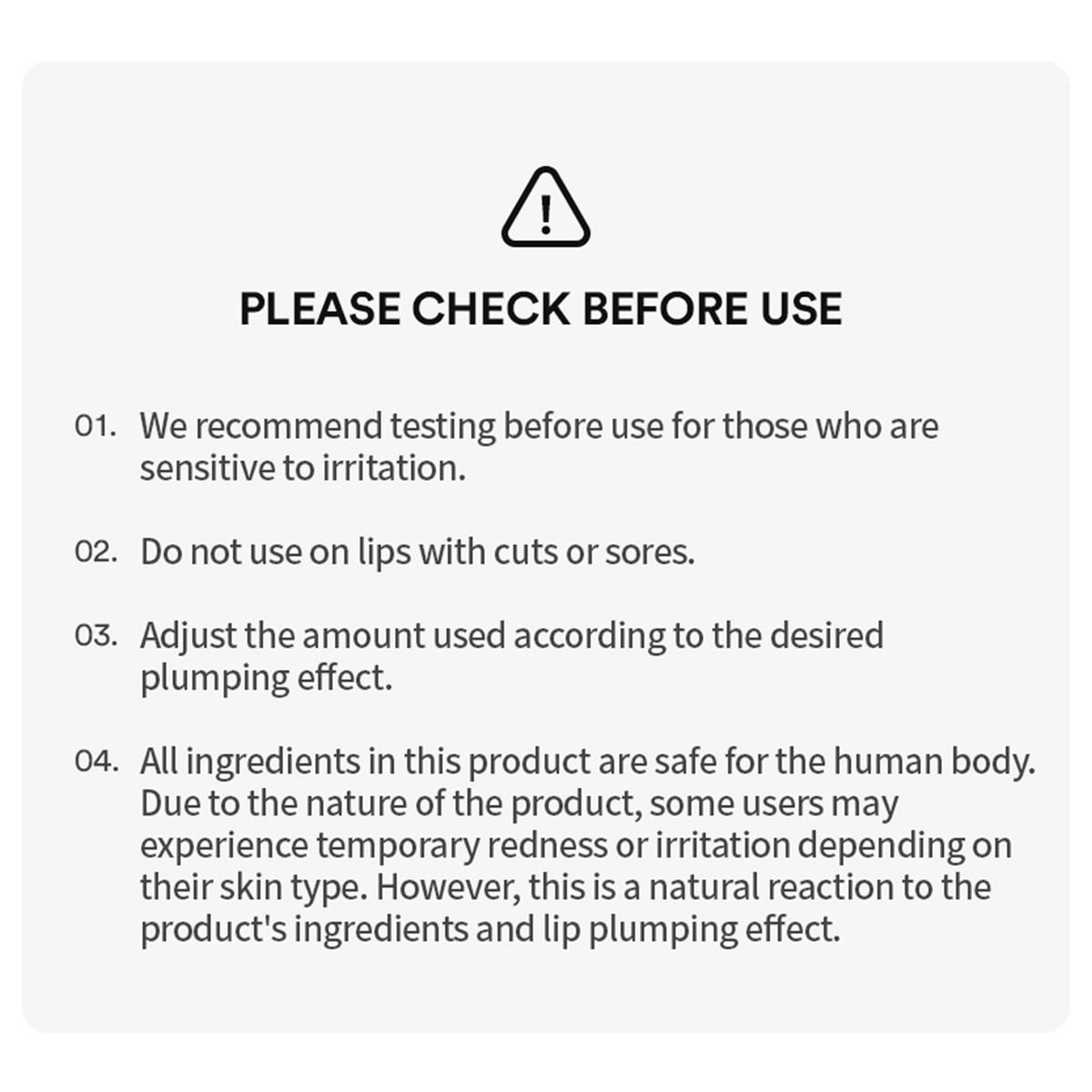 Tocobo Juicy Berry Plumping Lip Oil usage cautions card: patch test, avoid cut lips, adjust amount
