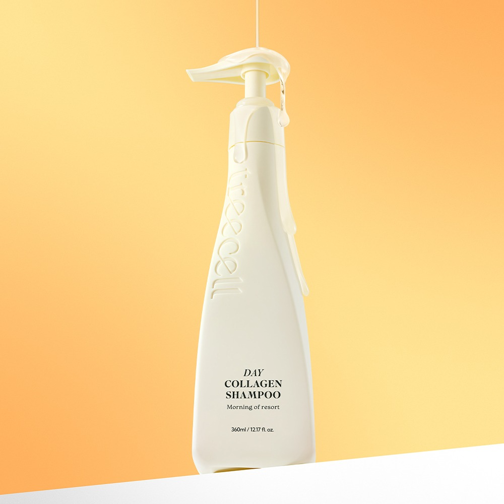 Treecell Day Collagen Shampoo Morning of Resort 360ml bottle with pump on a warm orange backdrop