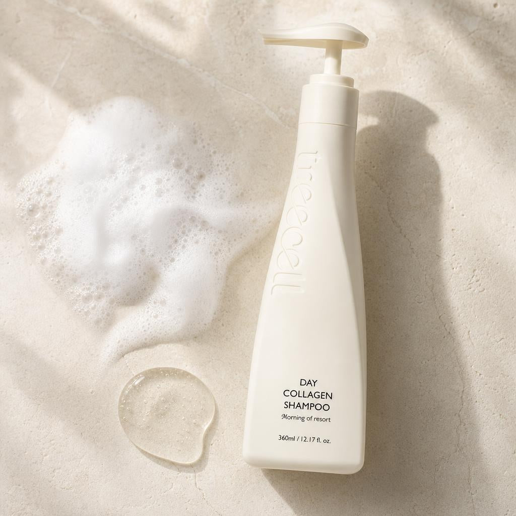 Treecell Day Collagen Shampoo Morning of Resort 360ml pump bottle beside rich foam and a clear gel drop
