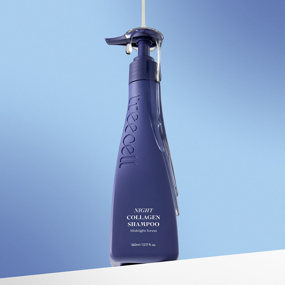Treecell Night Collagen Shampoo Midnight Forest 360ml, navy pump bottle on a soft blue backdrop